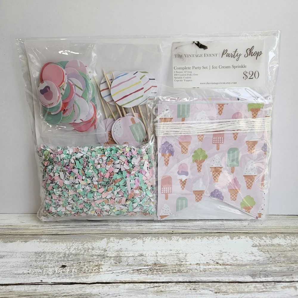 Pastel Ice Cream Party Decorations Set with Banners & Confetti